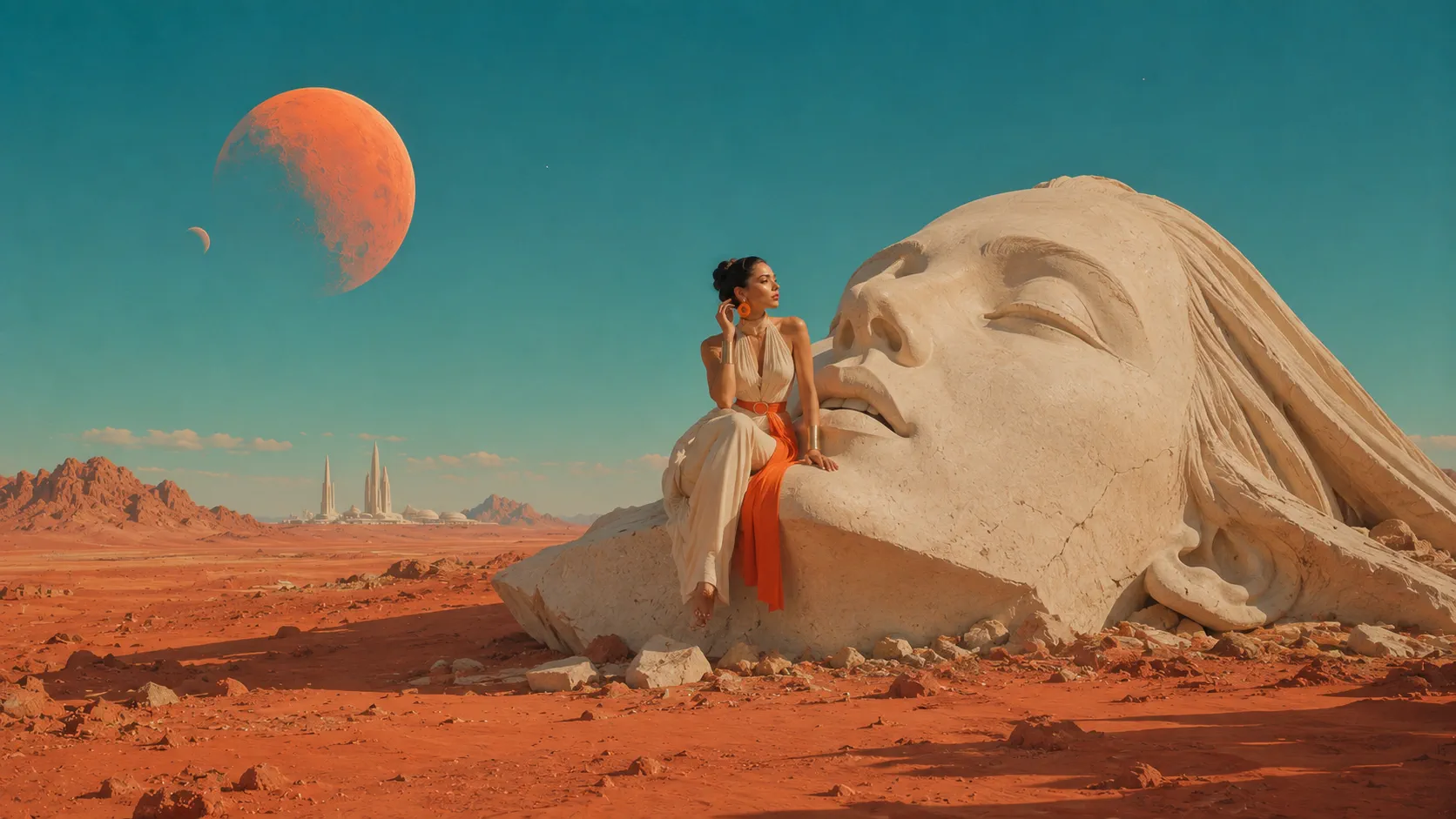 坐在火星地貌巨石面孔上的时尚人物