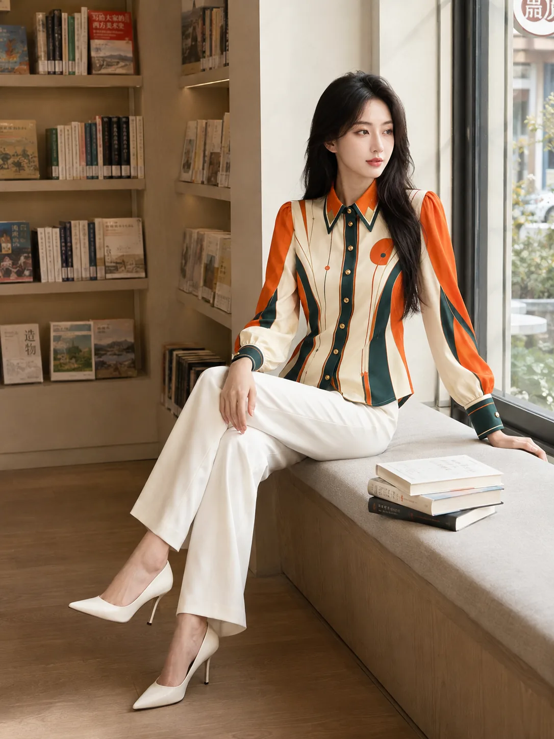 Model wearing the printed shirt in a library setting