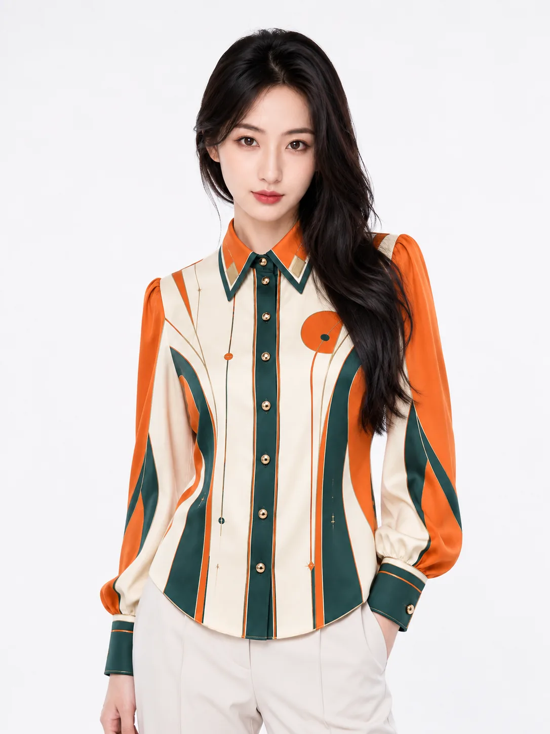 Front model view of the printed shirt