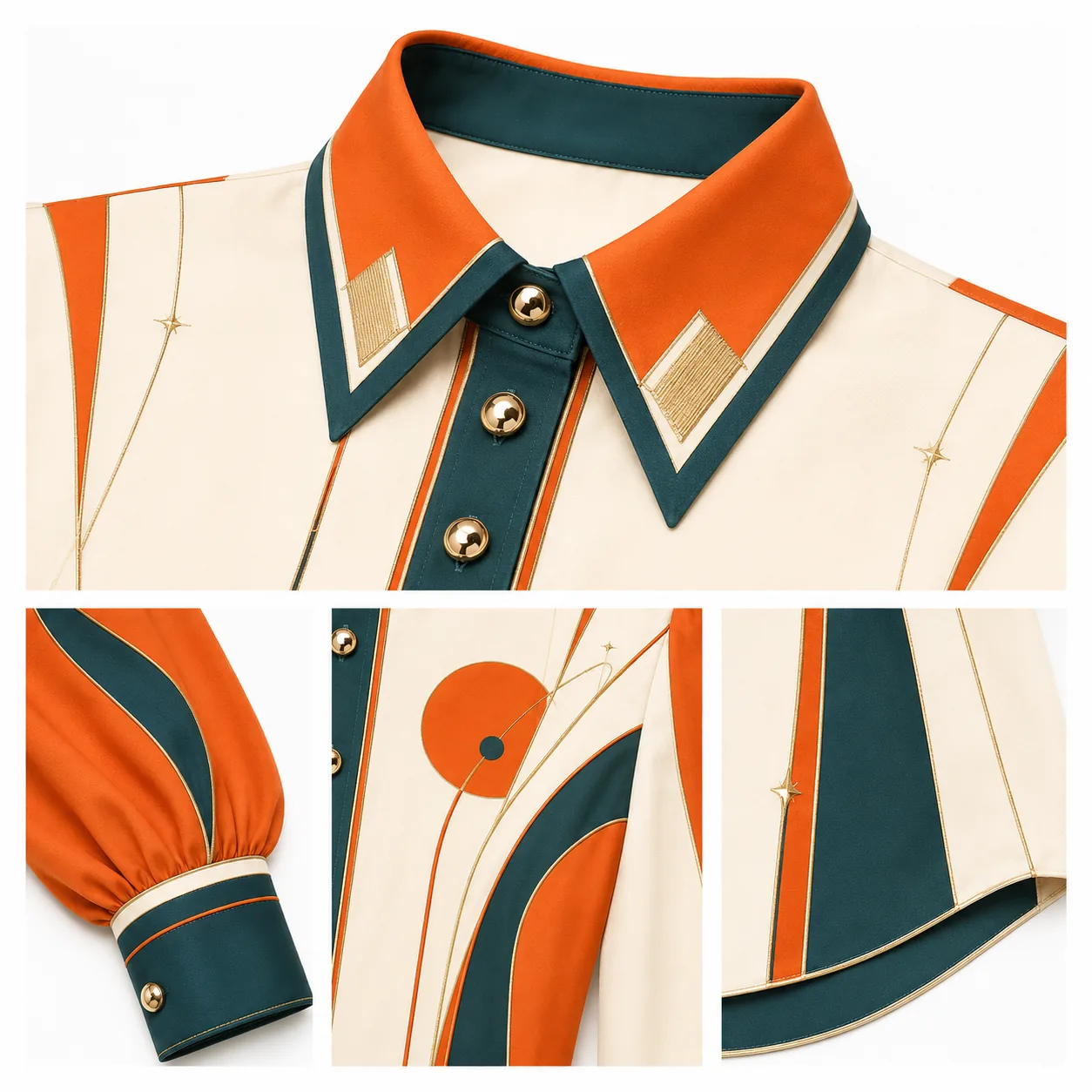 Close-up details of the printed shirt on white