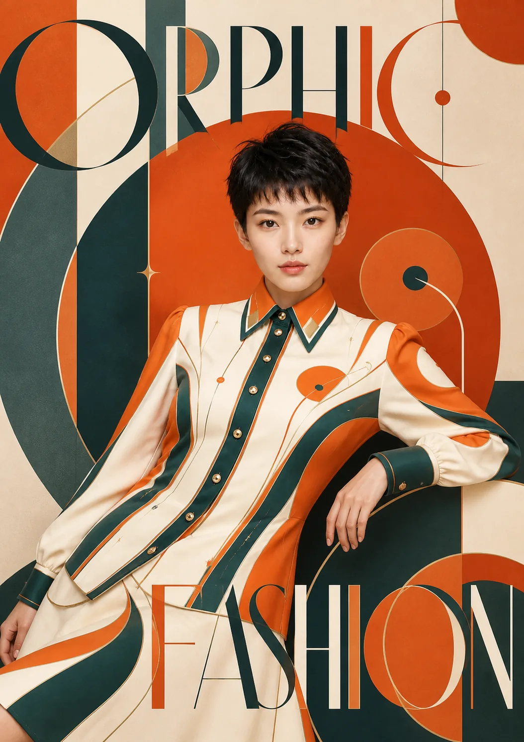 Orphism-inspired fashion poster featuring the printed shirt