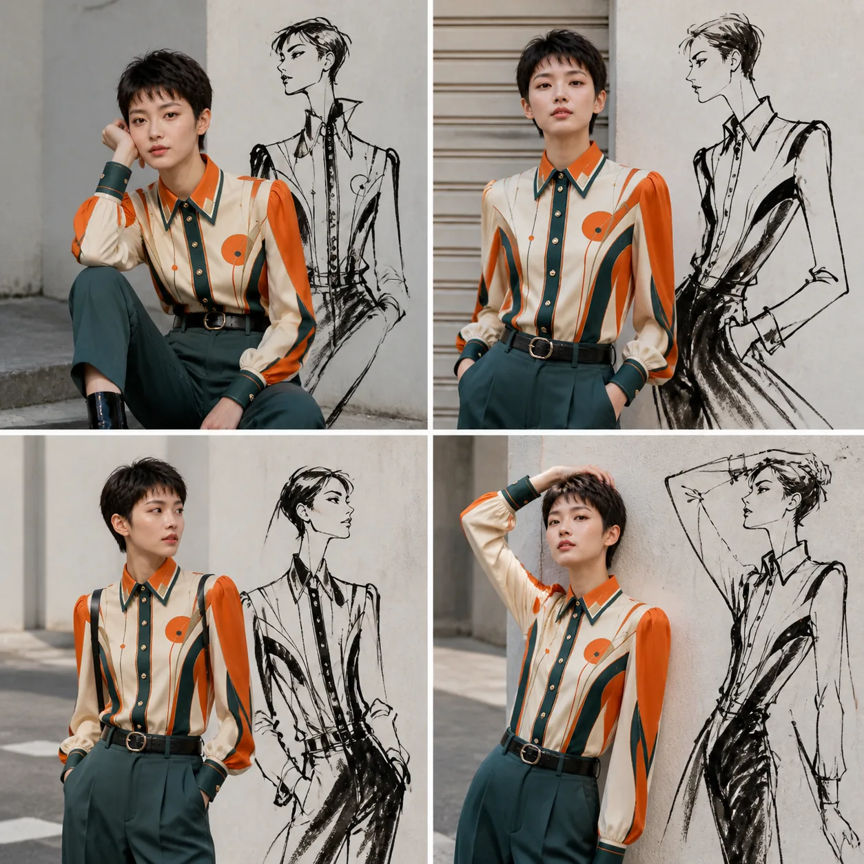 Fashion sketch collage featuring the printed shirt