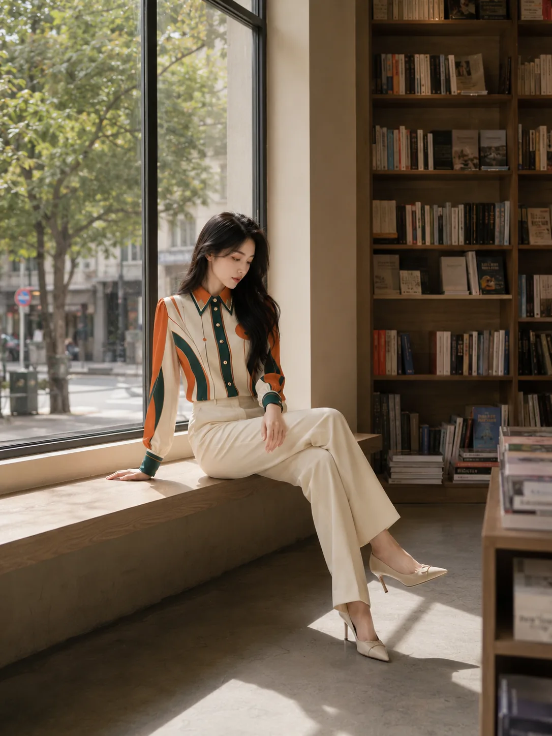Lifestyle fashion image in a library setting