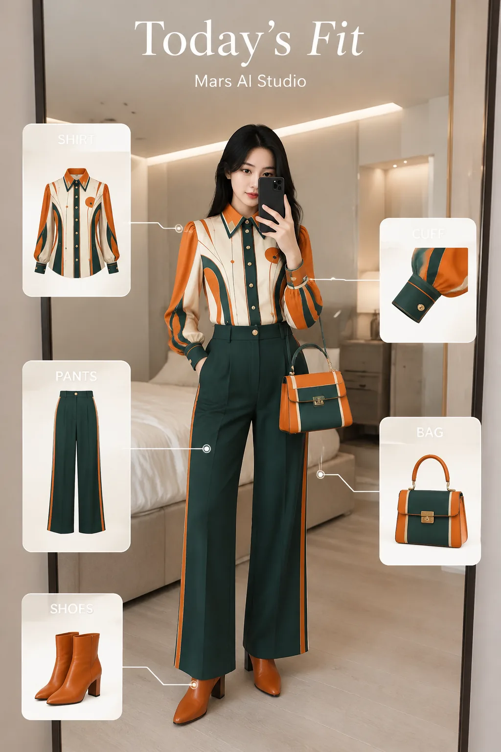 Social outfit breakdown template built around the printed shirt