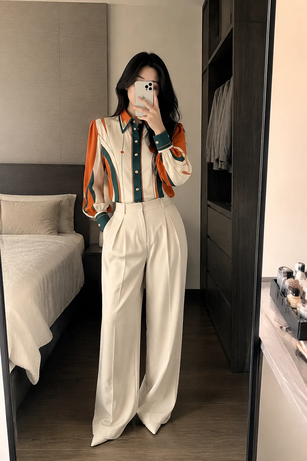 UGC-style hotel scene featuring the printed shirt
