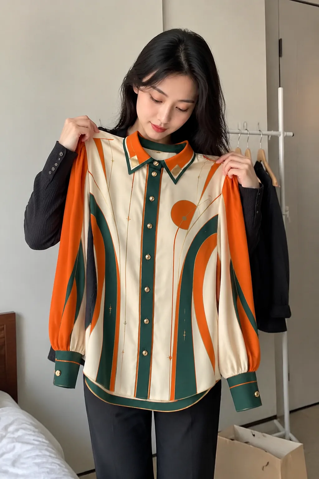 UGC-style try-on scene featuring the printed shirt