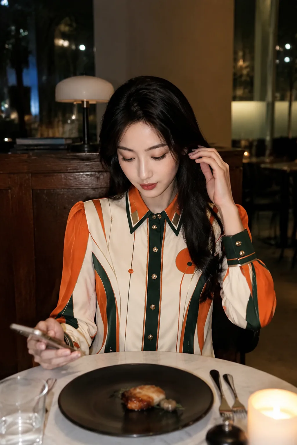 UGC-style dinner scene featuring the printed shirt
